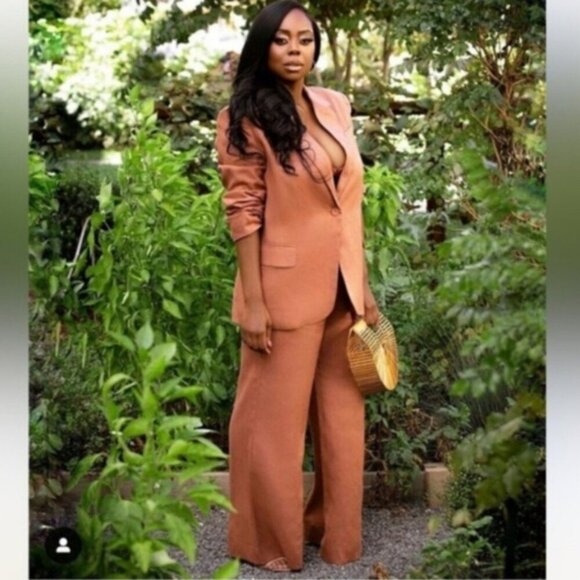 Hanifa Jade Cocoa Flare Leg Linen Pants Size L - Picture 2 of 12